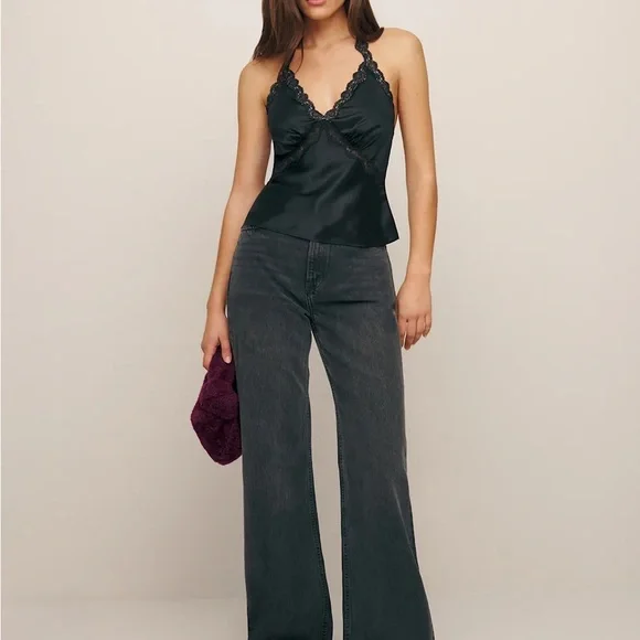 Reformation NWT Black Lace Trim Monica Silk Tank Top - Picture 6 of 11